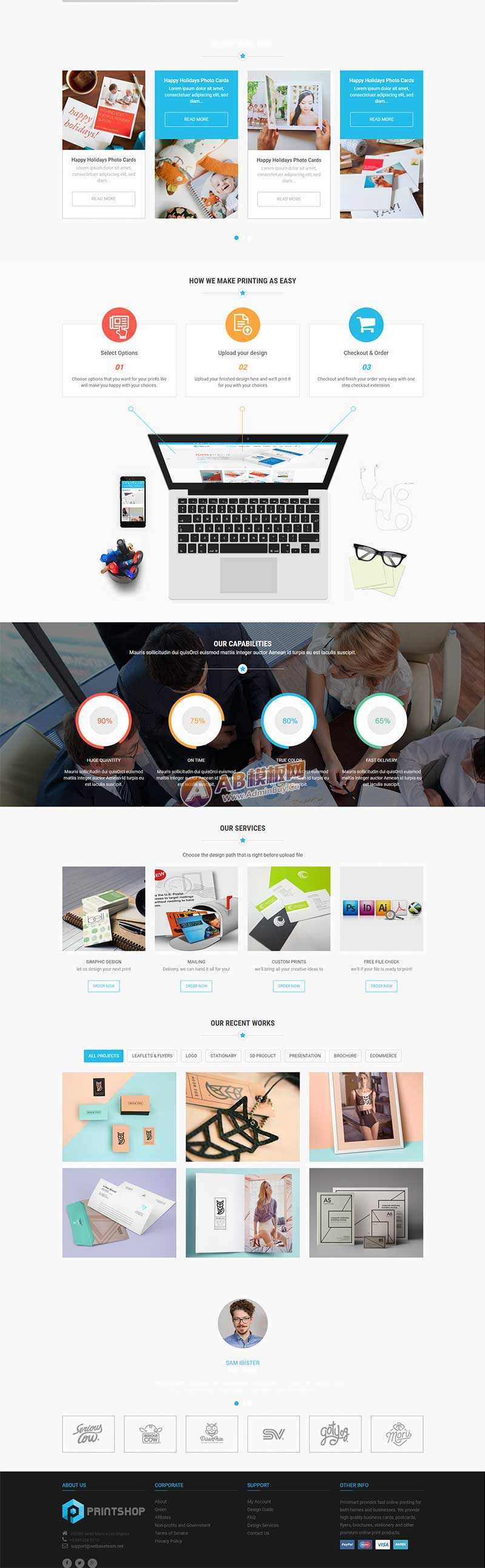 蓝色的响应式名片印刷公司网站html模板